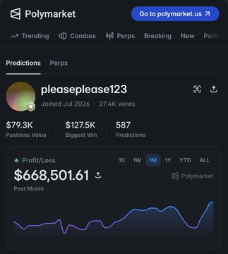 The image shows a Polymarket profile for user "pleaseplease123" displaying impressive metrics: $79.3K Positions Value, $127.5K Biggest Win, 587 Predictions, and a notable monthly Profit/Loss of $668,501.61, with a performance chart visible at the bottom.

This visual directly supports the post's skeptical argument by showcasing a seemingly successful prediction market trader—yet the caption frames this as a cautionary example of how short-term trading "wins" on platforms like Polymarket can mask the inability to generate genuine long-term alpha compared to passive buy-and-hold strategies.