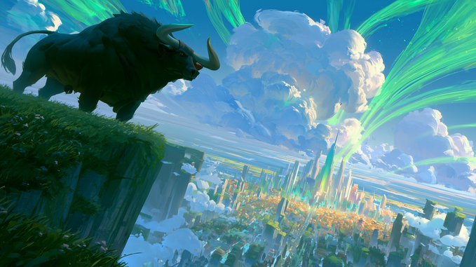 A massive black bull stands on a cliff overlooking a sprawling city beneath a sky painted with green aurora-like streaks and billowing clouds, symbolizing bullish momentum and strength. The imagery aligns perfectly with the "good morning $ANSEM bulls" message, evoking optimism and upward market sentiment.