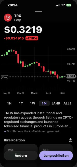 The image shows a smartphone screen displaying a stock chart for Trox Perp, which is represented by a price movement bar. It appears that the prices have been changing rapidly over time. At the bottom of the image, there is information provided about the long position in Euros and another text block. This post seems to be about tracking or analyzing stock movements using a mobile app rather than investing directly into a particular company's stocks.