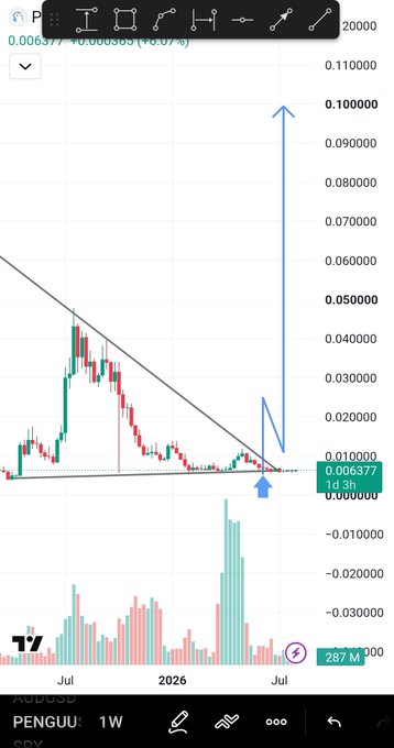 A weekly $PENGU price chart shows the token at $0.006377 with a descending trendline breakout and an annotation projecting a sharp upward move toward $0.100000, reinforcing the post's bullish "loading before the bull run" narrative.