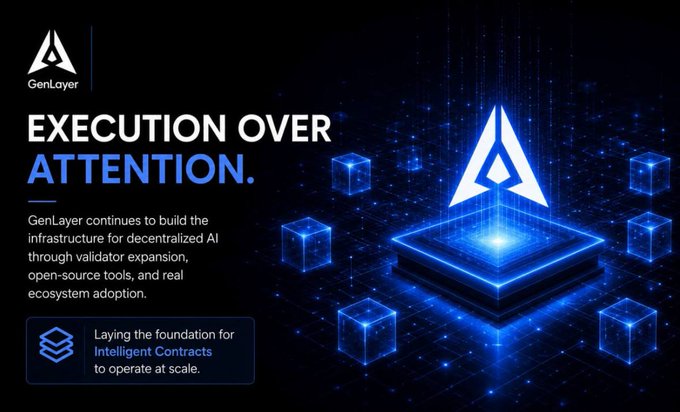 The image is a promotional graphic for GenLayer featuring the headline "EXECUTION OVER ATTENTION." alongside a glowing blue 3D logo of stacked cubes and the GenLayer emblem. A text box highlights that GenLayer is "Laying the foundation for Intelligent Contracts to operate at scale," visually reinforcing the post's message about the project's focus on building decentralized AI infrastructure rather than chasing hype.