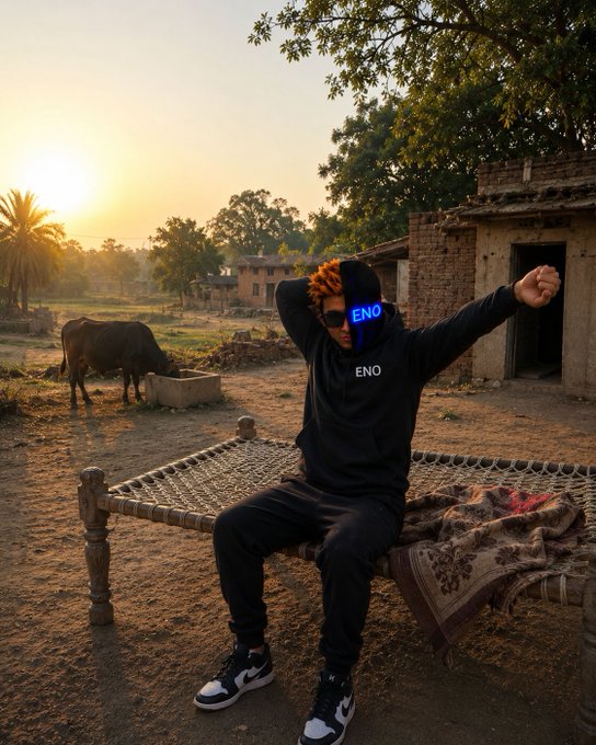 A young person with orange dreadlocks wearing a black 'ENO' hoodie and Nike sneakers sits on a traditional woven bed in a rural setting at sunset, with a water buffalo nearby.