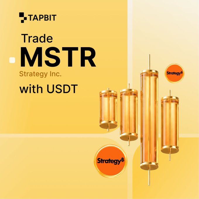 A promotional advertisement for TAPBIT featuring 'Trade MSTR Strategy Inc. with USDT' with golden cylindrical graphics and Strategy logo tokens.