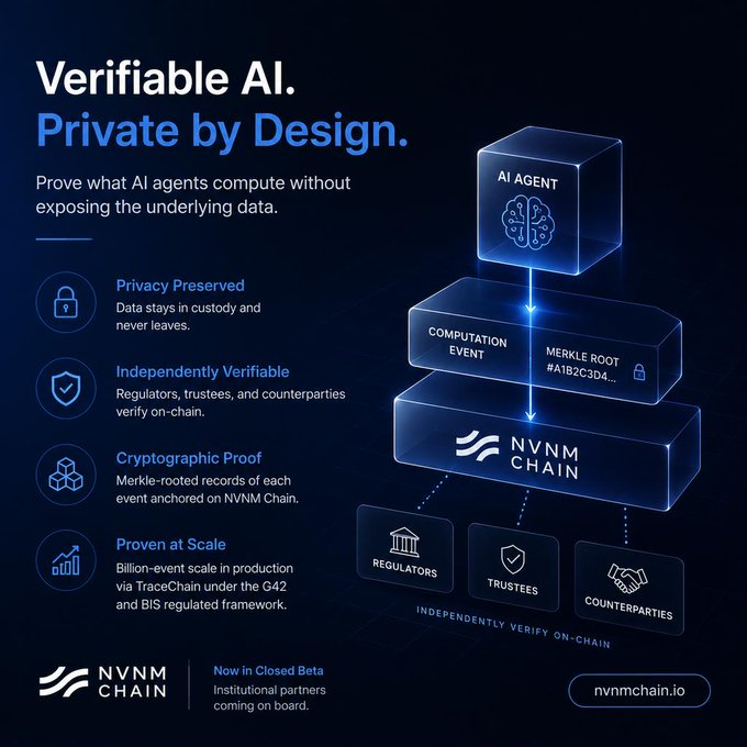 A dark blue promotional graphic for NVNM Chain titled 'Verifiable AI. Private by Design.' highlighting features like Privacy Preserved, Independently Verifiable, Cryptographic Proof, and Proven at Scale, with a diagram showing AI Agent computation events anchored on the NVNM Chain for regulators, trustees, and counterparties.