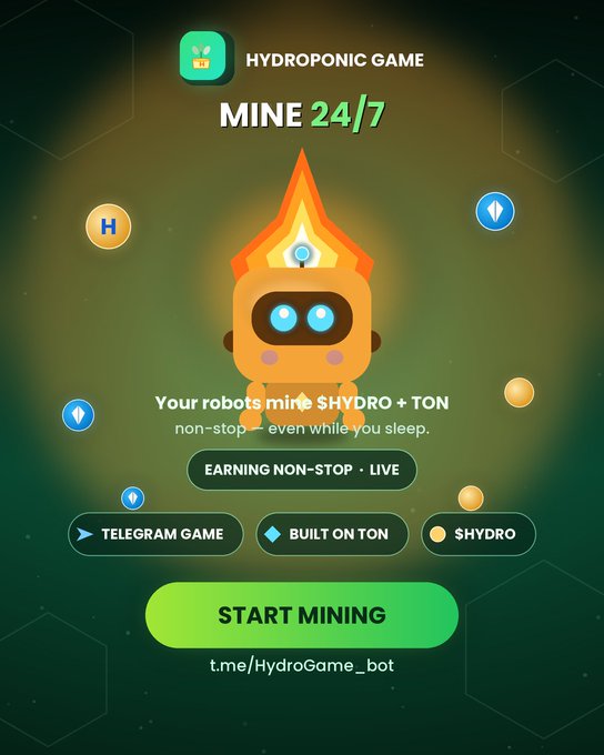 The image features an interactive screen that displays a blue game avatar, possibly representing a robot or character within a video game context. The screen also shows instructions for mining in a hydroponic game using a specific code name, "TONE", which is worth $HYDRO + $TON. There are buttons on the screen providing information about how to use this game, and it even hints at a system where players earn points when they actively engage with the gaming experience or complete tasks within the gameplay. The image has a casual vibe, and its content seems to be related to Hydroponic Game: Mine 24/7 - Earn nonstop, even while you sleep. Buy mining robots in this game, and wake up to rewards.