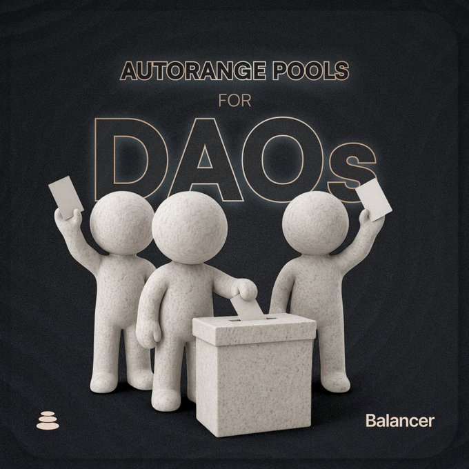The image features a group of three white figures holding up paper ballots or voting slips against a black background, with text above them reading "DAOs struggle with token liquidity". The text also mentions that DAO's are not built for concentrated liquidity management on the treasury side and explains how auto range pools can help address this issue.