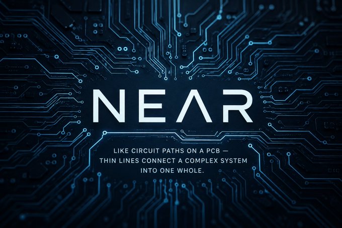 A dark blue digital graphic featuring the word 'NEAR' in large white letters over a circuit board pattern, with the tagline 'LIKE CIRCUIT PATHS ON A PCB — THIN LINES CONNECT A COMPLEX SYSTEM INTO ONE WHOLE.'