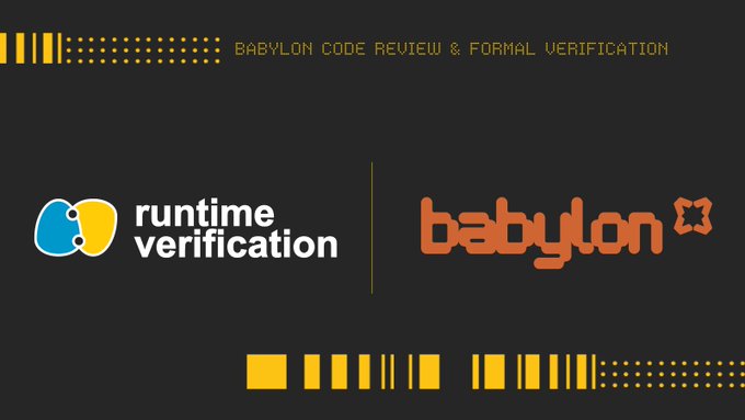 A graphic titled 'BABYLON CODE REVIEW & FORMAL VERIFICATION' displays the 'runtime verification' logo next to the orange 'babylon' logo on a dark background with yellow accents.