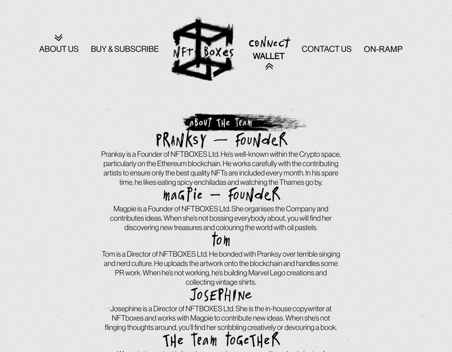 About page for NFTBoxes Ltd, featuring team bios for founders Pranksy, Magpie, Tom, and Josephine, with navigation links to About Us, Buy & Subscribe, Connect Wallet, Contact Us, and On-Ramp.
