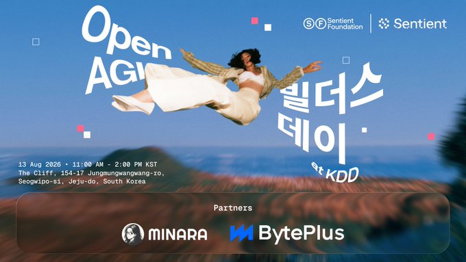 An event flyer for the "Open AGI Summit" by Sentient Foundation, featuring a woman floating mid-air above a Korean tiled roof, with dates "13 Aug 2026" in Seoul, South Korea, and partner logos for Minara and BytePlus.