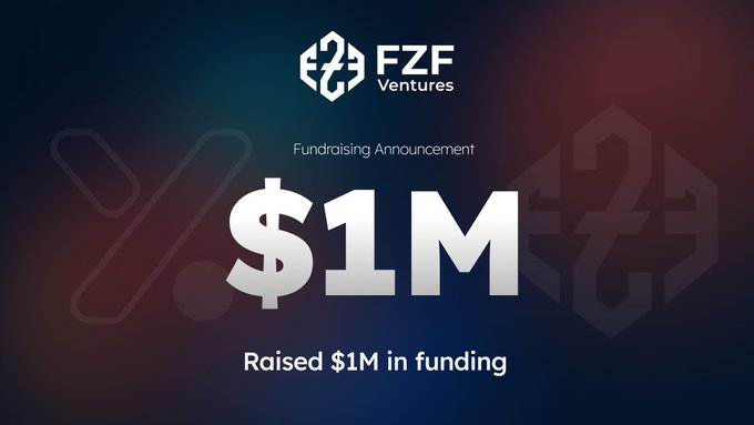 The image is a fundraising announcement graphic from FZF Ventures, prominently displaying "$1M" with the text "Raised $1M in funding." The accompanying post criticizes this claim as a scam, alleging the company is lying about its funding and will drive the token's value to zero.