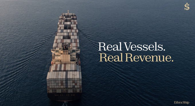 An aerial view of a cargo ship at sea with the text 'Real Vessels. Real Revenue.' and 'Ethra Ship' displayed alongside a dollar sign logo.