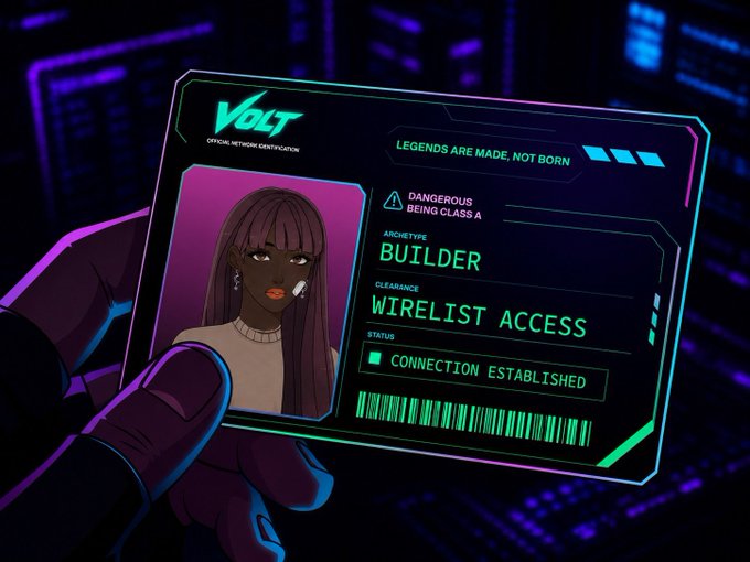 A cyberpunk-themed ID card is held by a gloved hand, displaying an anime-style woman with purple hair, labeled 'VOLT OFFICIAL NETWORK IDENTIFICATION' with 'ARCHETYPE: BUILDER' and 'CLEARANCE: WIRELIST ACCESS' showing 'CONNECTION ESTABLISHED'.