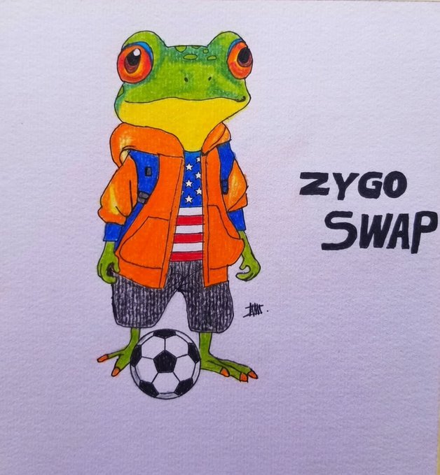 A hand-drawn illustration of an anthropomorphic green frog dressed in an American flag shirt, orange vest, and shorts standing with a soccer ball, accompanied by the text "ZYGO SWAP" to promote a FIFA World Cup giveaway for @ZSWAP_DEX.