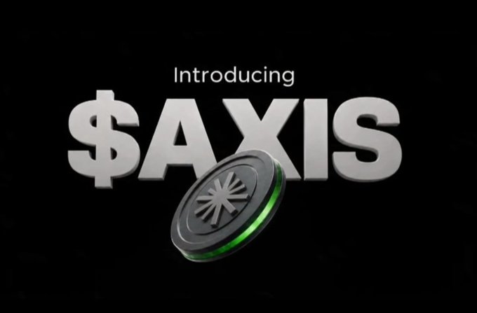 A promotional graphic on a black background with the text 'Introducing $AXIS' in white alongside a 3D coin logo featuring a starburst design and a green illuminated edge.