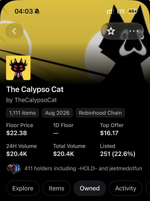 A mobile app screen showing NFT collection details for 'The Calypso Cat' by TheCalypsoCat on Robinhood Chain, with 1,111 items, floor price of $22.38, top offer of $16.17, and 411 holders.