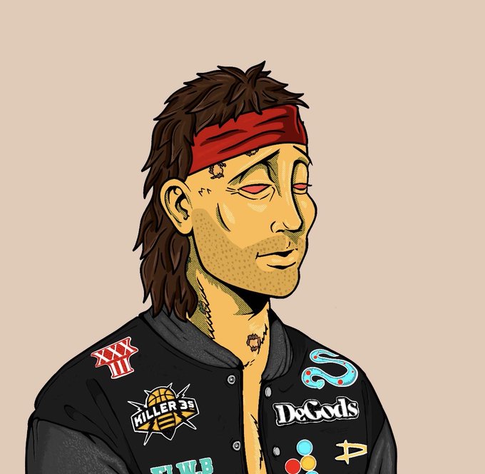 A cartoon illustration of a man with a red headband wearing a black jacket covered in patches including 'DeGods', 'Killer 3's', and 'XXX III'.