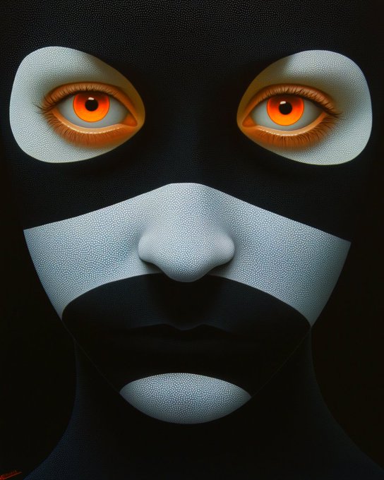 Close-up portrait of a masked figure with glowing orange/red eyes, a textured white lower face covering, and dark black surroundings.
