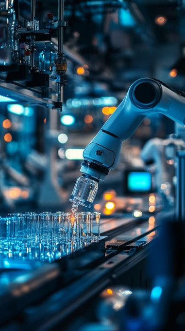 A blue robotic arm works on an automated assembly line in a high-tech factory setting with glowing lights.