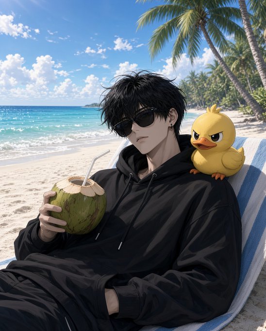 An anime-style male character with black hair and sunglasses lounging on a beach chair, drinking from a fresh green coconut, with a small angry-looking yellow duck perched on his shoulder.