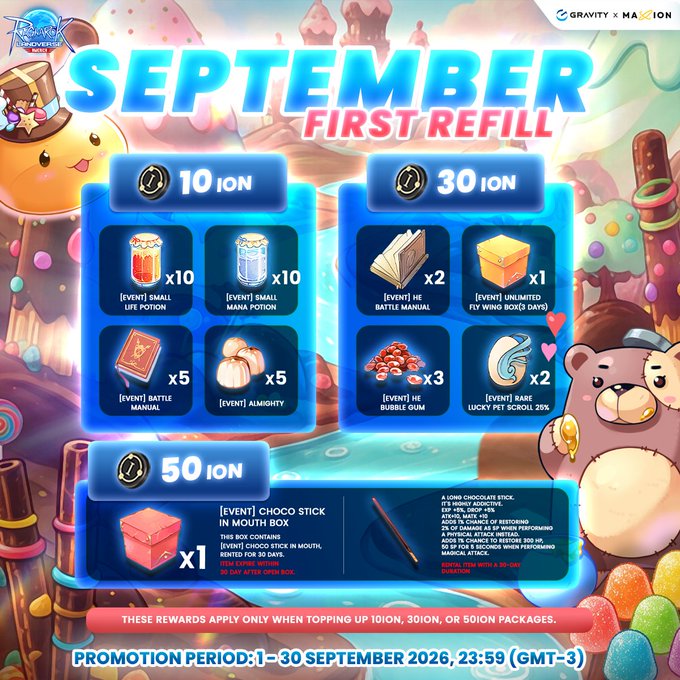 Promotional image for Ragnarok Landverse's "September First Refill" event showing three ION recharge tiers—10 ION, 30 ION, and 50 ION—each offering bonus rewards including Small Life/Mana Potions, Battle Manuals, Almighty items, an HE Bubble Gum, a Rare Lucky Pet Scroll 20%, and a 50 ION Choco Stick in Mouth Box, valid from September 1–30, 2026 (23:59 GMT-3).
