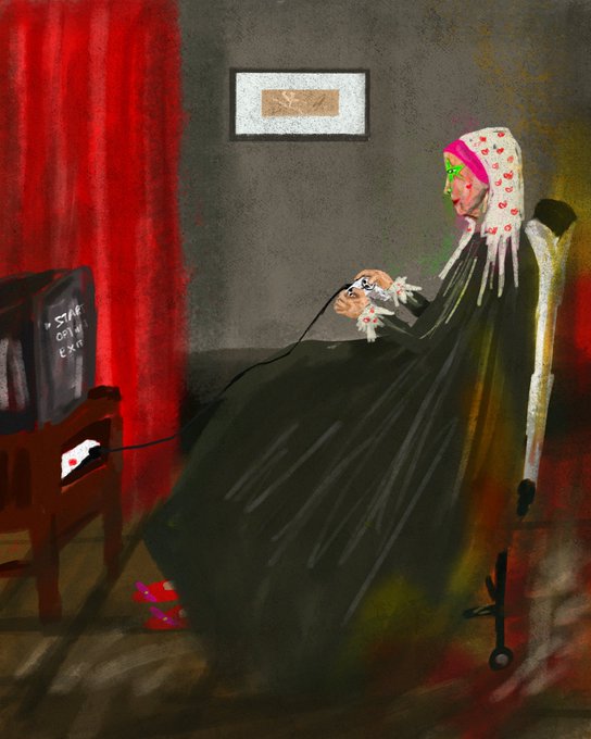 An oil painting of an elderly figure in a black cloak and white patterned headscarf sitting in a chair holding a game controller, playing a 'STAR CRAFT EX' console.