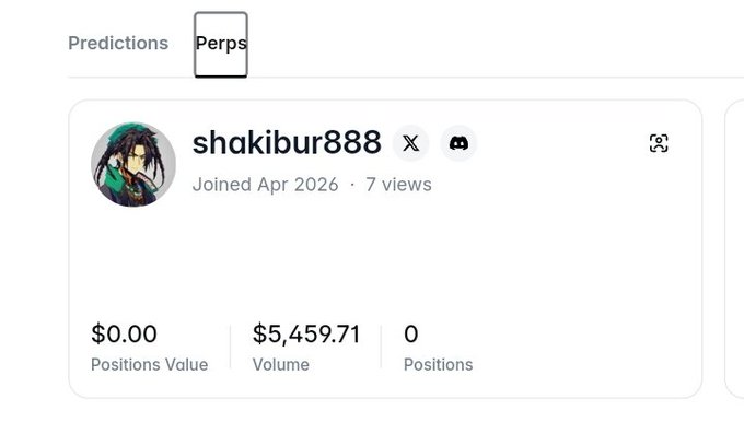 A profile page for user 'shakibur888' on a perps trading platform showing $0.00 positions value, $5,459.71 volume, and 0 positions.