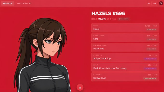 A character details screen for 'HAZELS #696' ranked #5,016 of 5,555, showing attributes including Type: Hazel, Character: Sora, Background: Hazel Red, Clothes: Stripe Track Top, Hair: Dark Chocolate Low Tied Long, and Earring: Screw Stud, all rated Common except two Legendary items.