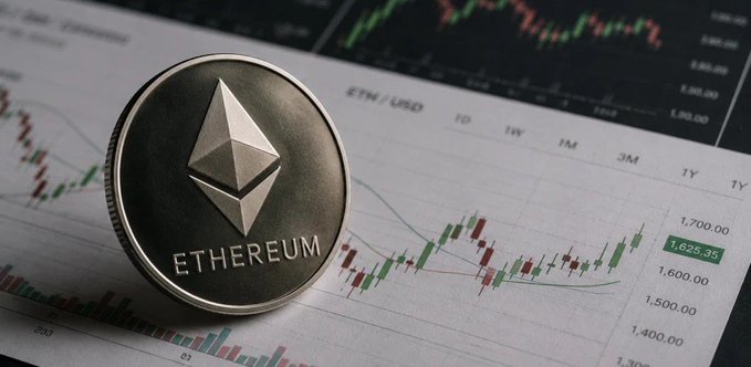 A physical Ethereum (ETH) coin placed on top of a printed ETH/USD trading chart showing price values around $1,600-$1,700.