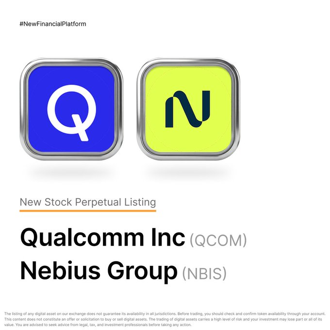 The image features a screenshot of a website called Bybit, which has two stock ticker symbols displayed - $QCOMUSDT and $NBISUSDT. The text "New Stock Perpetual Listing" is written above these symbols, indicating that they are live on Bybit and can be listed for trading purposes.

The image also includes a caption that reads: "Focus on what is in the image and how it relates to the post". This suggests that the image might be related to a discussion or analysis of the stock ticker symbols displayed on the website, possibly about their performance or market trends.