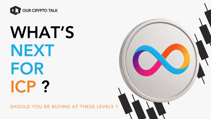 A promotional graphic from "Our Crypto Talk" features the bold text "WHAT'S NEXT FOR $ICP?" alongside a tagline asking "SHOULD YOU BE BUYING AT THESE LEVELS?", set against a backdrop of candlestick chart patterns and the Infinity Stones-style infinity logo of Internet Computer (ICP), visually reinforcing the post's discussion about ICP's potential price recovery and forward-looking roadmap.
