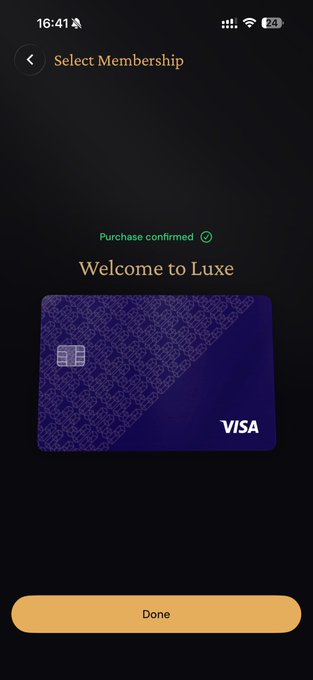 A mobile screen showing a "Purchase confirmed" message with "Welcome to Luxe" displayed above a purple Visa card design, with a yellow "Done" button at the bottom. This likely represents a successful transaction or membership sign-up through ether.fi, as referenced in the accompanying post.