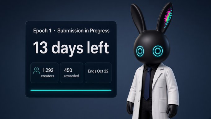 A black bunny mascot in a white lab coat with glowing cyan digital eyes stands beside a dashboard card reading "Epoch 1 · Submission in Progress, 13 days left," showing 1,292 creators, 450 rewarded, and an end date of Oct 22—visually reinforcing the post's update that Primus Labs' Epoch 1 is still open for submissions across its English, Chinese, and Korean creator pools.