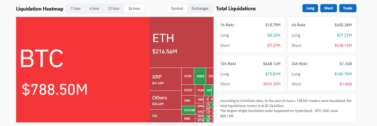 A cryptocurrency liquidation heatmap showing BTC at $788.50M as the largest, with ETH at $216.56M, and total liquidations of $1.24B in the past 24 hours affecting 138,961 traders according to CoinGlass data.