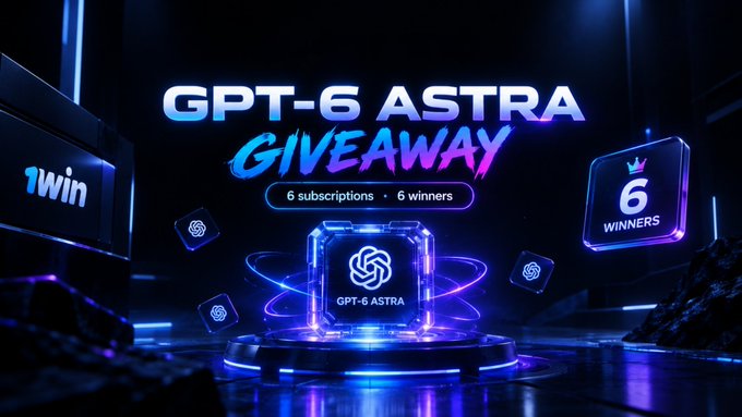 A futuristic neon-lit digital advertisement promoting a "GPT-6 ASTRA GIVEAWAY" with 6 subscriptions for 6 winners, branded with the 1win logo. The image visually reinforces the giveaway's tech-forward AI theme, featuring a holographic GPT-6 Astra emblem and the call-to-action details outlined in the accompanying post.