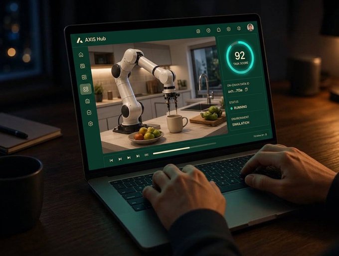 A person uses a laptop displaying "AXIS Hub" software that monitors a robotic arm making coffee, with a "92 TASK SCORE" on the screen.