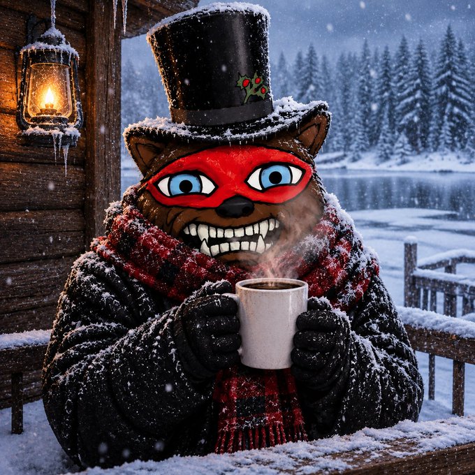 A digital artwork depicting an anthropomorphic brown bear or cat character dressed in a top hat with holly, a red mask, and a plaid scarf. The character holds a steaming white mug while sitting in a snowy outdoor setting with a lit lantern and a frozen lake in the background.