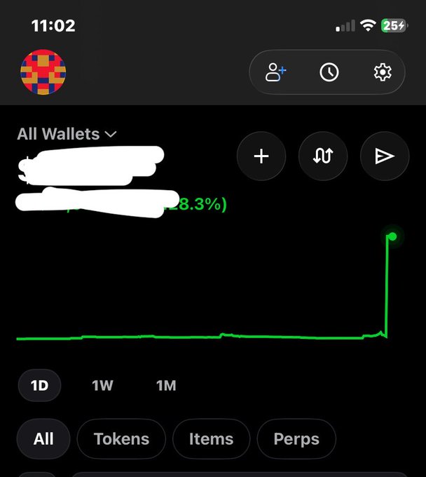 A phone screenshot of a crypto wallet app at 11:02 showing 'All Wallets' with a green performance chart and a gain of 88.3%, with the wallet names whited out.