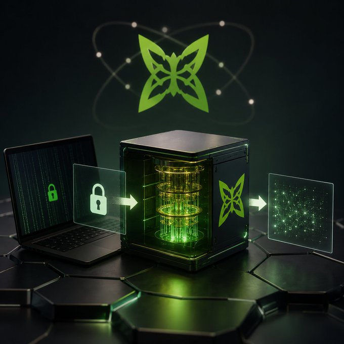 A futuristic tech illustration featuring a server cube, laptop, and holographic lock/data symbols, all branded with a distinctive green butterfly/leaf logo.