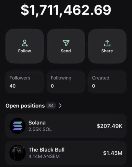 A crypto wallet/trading profile screenshot displays a total balance of $1,711,462.69, with 40 followers, 0 following, 0 created, and 84 open positions, including 2.55K Solana (SOL) worth $207.49K and 4.14M ANSEM tokens ("The Black Bull") valued at $1.45M, fitting the context of a $SOL giveaway requiring followers to drop their wallet addresses within 20 hours.