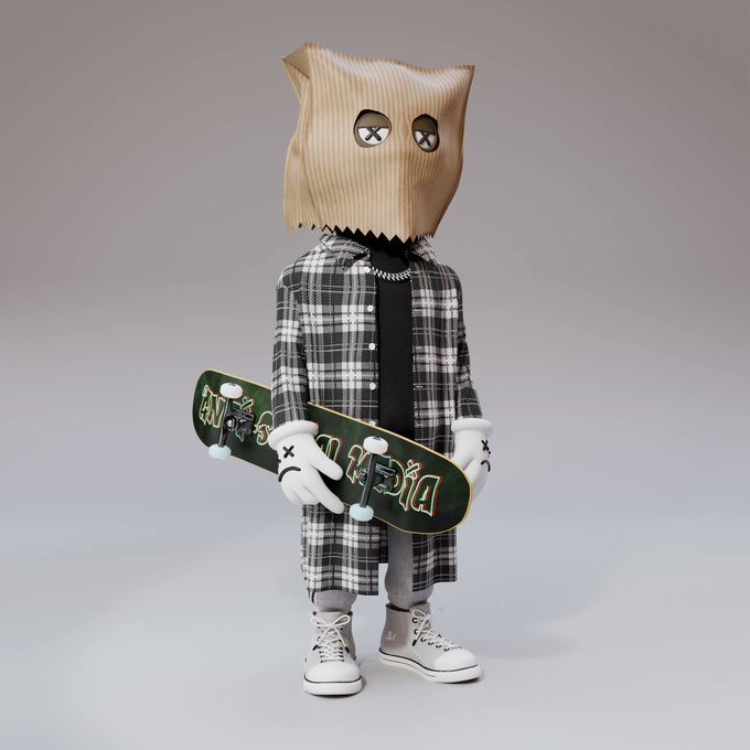 A 3D-rendered character wearing a paper bag mask with X-shaped eyes, dressed in a black and white plaid flannel shirt, holds a green skateboard with "CRYPTO" written in stylized lettering. The image ties to the post's $XRP NFT theme, with the skater character and crypto text symbolizing the rebellious, underground nature of NFT culture in the crypto space.