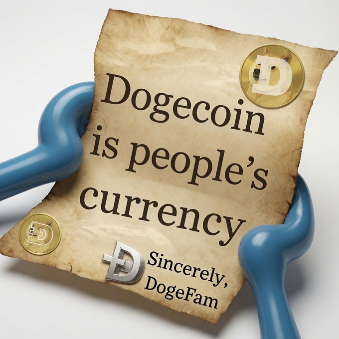 The image features a blue paper with white text that reads "Dogecoin is people's currency", accompanied by two coins, one gold and one silver, placed on top of the paper. The text also includes the words "Sincerely" and "DOGEfam".