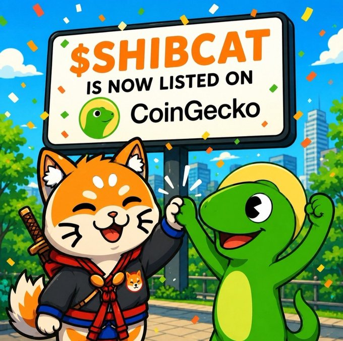 Cartoon illustration announcing '$SHIBCAT IS NOW LISTED ON CoinGecko' with a Shiba Inu cat ninja and a green lizard character celebrating.
