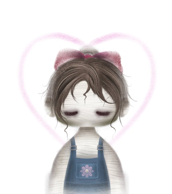 A digital illustration depicts a stylized girl with a red bow and blue overalls, surrounded by a soft pink heart-shaped glow.