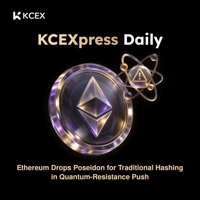 The image is a KCEXpress Daily post featuring the Ethereum logo alongside a stylized atom symbol with a warning sign, captioned "Ethereum Drops Poseidon for Traditional Hashing in Quantum-Resistance Push," visually reinforcing the article's theme of Ethereum shifting from the Poseidon hash function to traditional SHA2/BLAKE2 hashing in preparation for potential quantum computing threats.