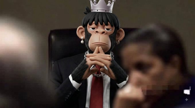 A 3D-rendered chimpanzee character wearing a black suit, red tie, pearl earrings, and a silver crown, sitting with hands clasped in front of its face.
