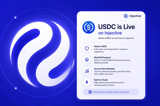 The image features a blue circle with white swirls, which is the logo for USDC. The text below the logo reads "USDC is Live" and "Native USDC going live on @injective is part of that shift". This suggests that USDC has recently launched its native stablecoin, and it is now available to be used directly through an onchain financial system powered by USDC's regulated stablecoin liquidity.