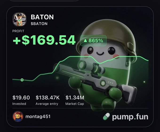 A Pump.fun profit screenshot for the meme token '$BATON' showing a profit of +$169.54 (865%) with a $19.60 investment by user montag451, featuring a cartoon soldier character holding a sniper rifle.