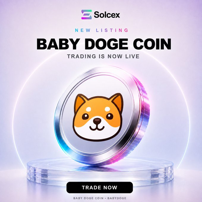 A promotional graphic from SolCex announces a new listing of Baby Doge Coin ($BABYDOGE), featuring a stylized silver token with a Shiba Inu dog emblem on a glowing platform, with the text "BABY DOGE COIN TRADING IS NOW LIVE" and a "TRADE NOW" button. The image visually reinforces the announcement of the new $BABYDOGE/USDT trading pair being available on the SolCex exchange.