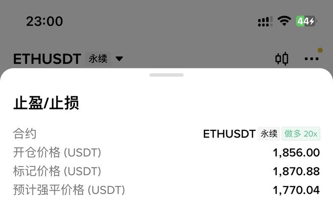 A trading interface screenshot showing '止盈/止损' (Take Profit/Stop Loss) settings for 'ETHUSDT 永续' (ETH Perpetual) with a 20x long position, displaying an entry price of 1,856.00 USDT, a mark price of 1,870.88 USDT, and an estimated liquidation price of 1,770.04 USDT.